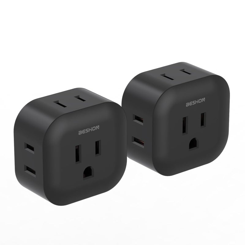 BESHON Black Multi Plug Outlet Extender 2 Pack, Wall Outlet Splitter with 5 Wall Outlets, Small Multiple Plug Extender, Cruise Essentials, Plug Adapter No Surge Protector for Cruise Ship Home Office Dorm - Image 1